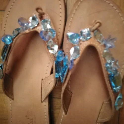 Handmade women's sandals like new, genuine leather, beige with blue stones, size 40-41