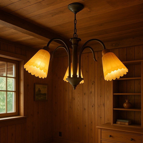 Ceiling light like new, metal glass and wood