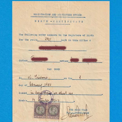 Historical Birth Certificate used, Rhodes 1946 with Italian stamps