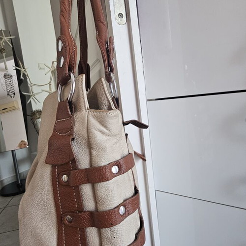 Leather shoulder bag used, large, beige and brown