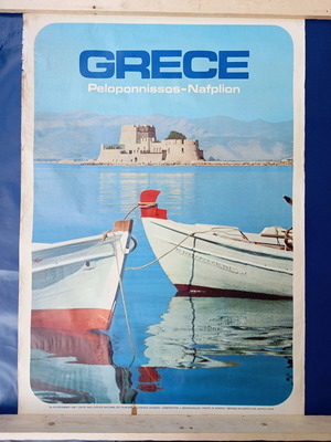 E.O.T. Nafplio poster used, collectible 1967 with Bourtzi fortress