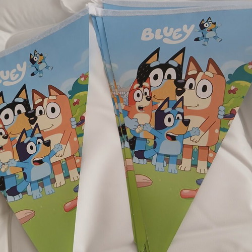 Bluey birthday party set with invitations, straws, cups, knives, and banner
