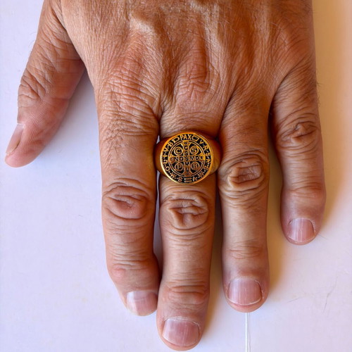 Saint Benedict Gold Signet Ring New, 316L Stainless Steel, US 12