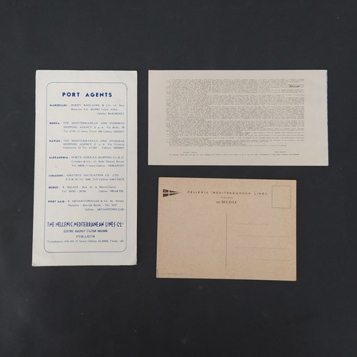 Hellenic Mediterranean Lines (HML) 1965 Media ship passenger ticket with postcard