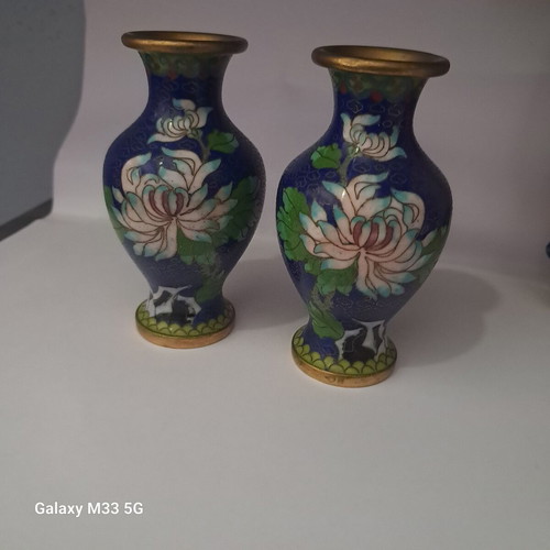Pair of vintage cloisonné vases with floral design