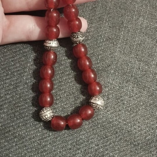 Handmade Komboloi with Red Semi-Precious Stones and Metal Tassel