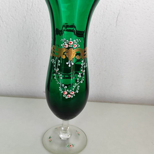 Vintage Murano vase emerald glass with handmade painting and 24K gold like new