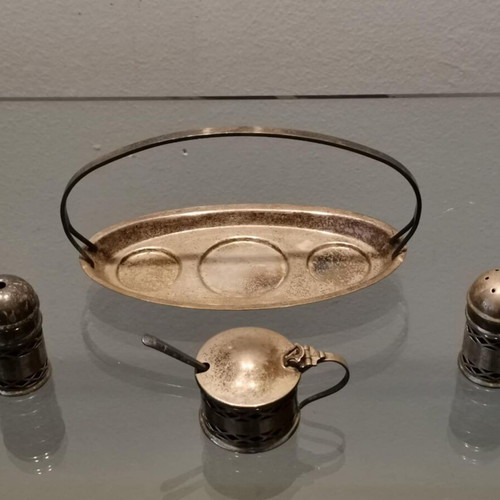 English salt and pepper set of three used, silver plated