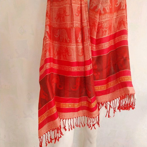 Indian cashmere scarf used, red and pink shades with elephants