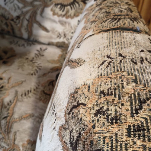 Armchair used, wooden frame vintage style with jacquard fabric