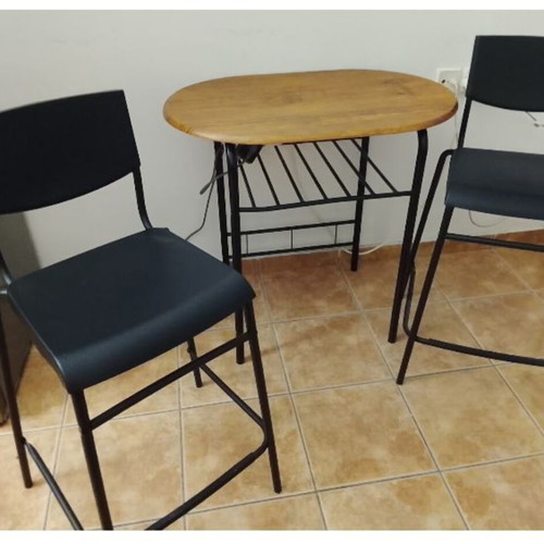 Vicko oval table 50x80 with two tall IKEA stools