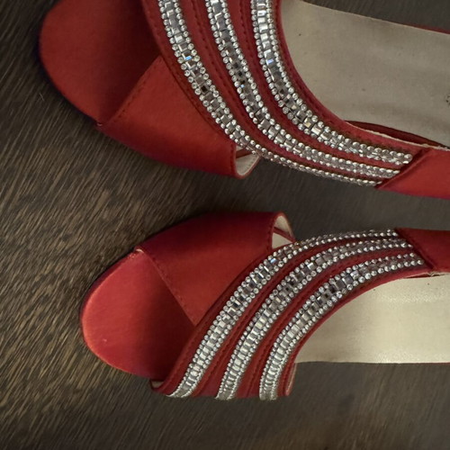 Red satin pumps with rhinestones, size 37.5