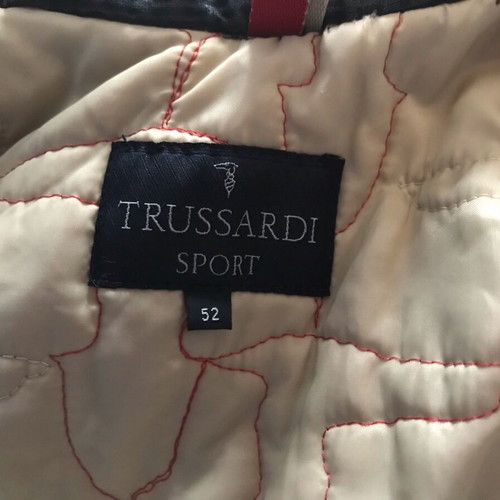 Trussardi men's jacket used, brown with blue rib collar