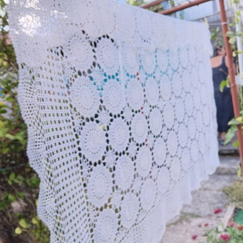Handmade crochet tablecloth 180x130 cm, white cotton