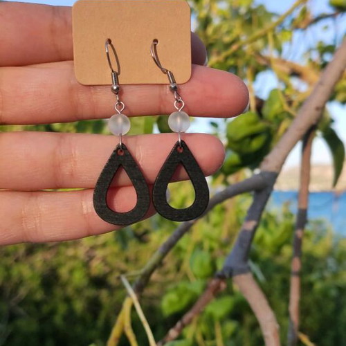 Earrings new with steel hooks and black wooden tear drop