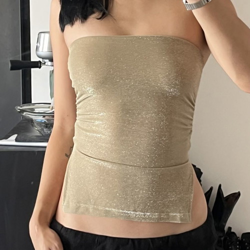 Bershka shimmery fitted champagne tube top, size XS