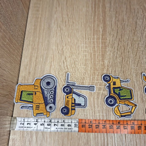 Embroidered iron-on patches with construction vehicles, set of 7, new