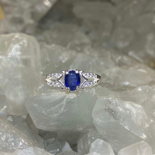 Handmade silver ring with natural blue sapphire and moissanites size 8