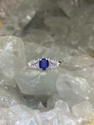 Handmade silver ring with natural blue sapphire and moissanites size 8