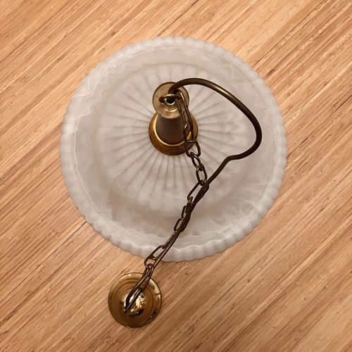 Pendant light vintage, glass, wood and metal, like new, 40 cm diameter