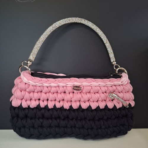 Handmade knitted bag with shiny handle and brooch, new