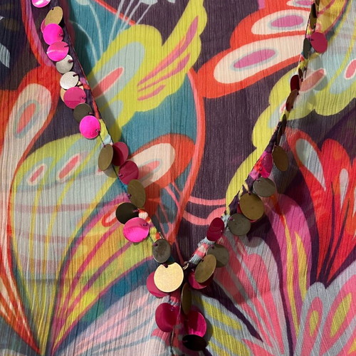 Caftan with transparency and sequins in V neckline like new, multicolor