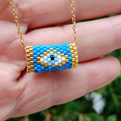 Handmade Miyuki evil eye necklace with gold-plated steel chain