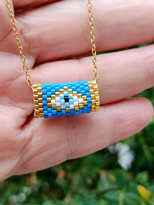 Handmade Miyuki evil eye necklace with gold-plated steel chain