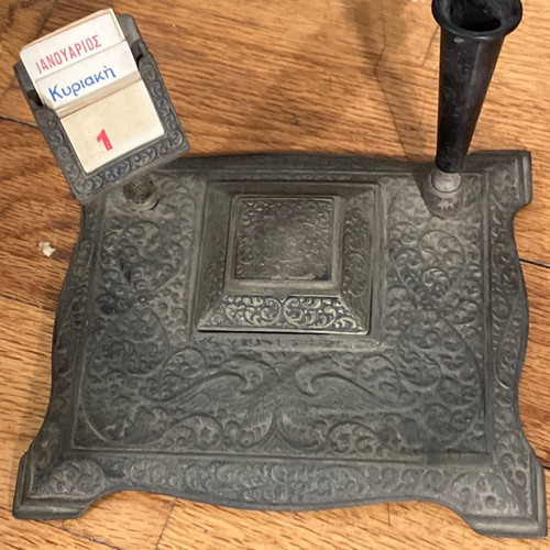 Silver-plated desk calendar used with pen and inkwell holder