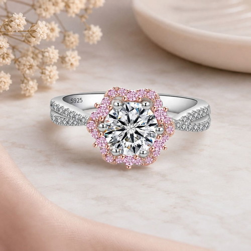 Silver S925 ring with Moissanite and pink halo