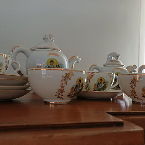 Japanese eggshell porcelain tea set new with lithophane Geisha and gold details