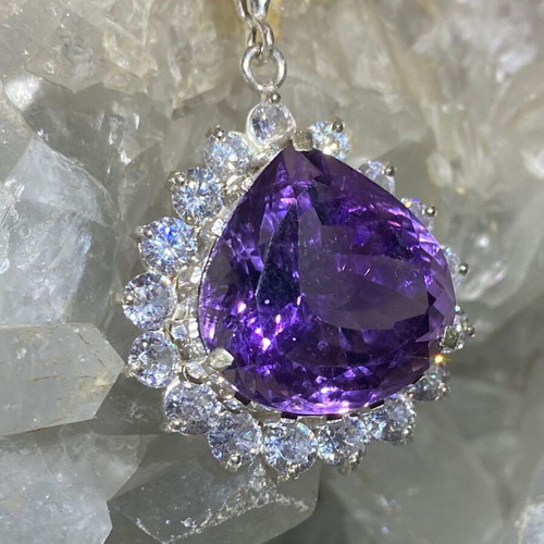 Silver pendant with large cut natural amethyst stone and moissanites, new