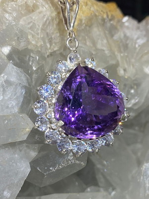 Silver pendant with large cut natural amethyst stone and moissanites, new