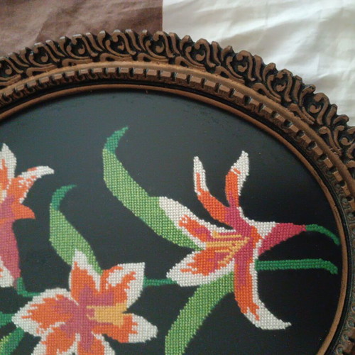 Vintage handmade cross-stitch frame with flowers used, 30×36 cm