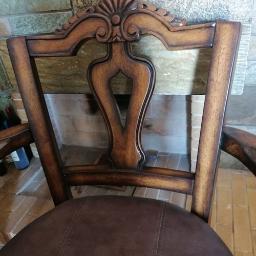 Kourtis two wooden swivel bar stools, handcrafted, leather upholstery, neoclassical