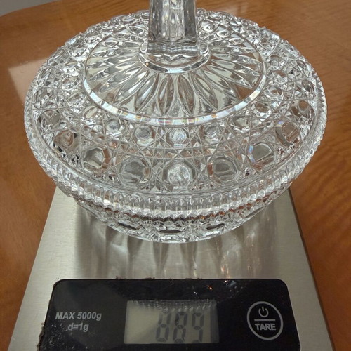 Vintage glass candy dish with lid and embossed design like new