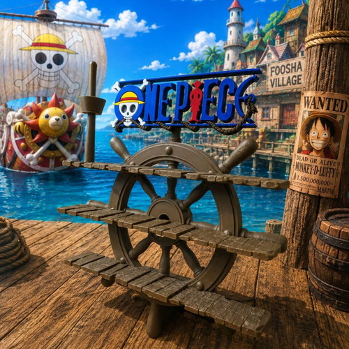 One Piece decorative display base with wooden ship wheel