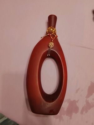 Ceramic vase used, brown with multicolored pearls