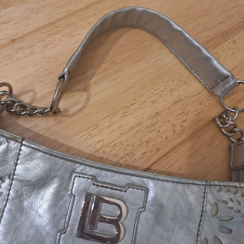 Laura Biagiotti evening bag used, small silver faux leather handbag