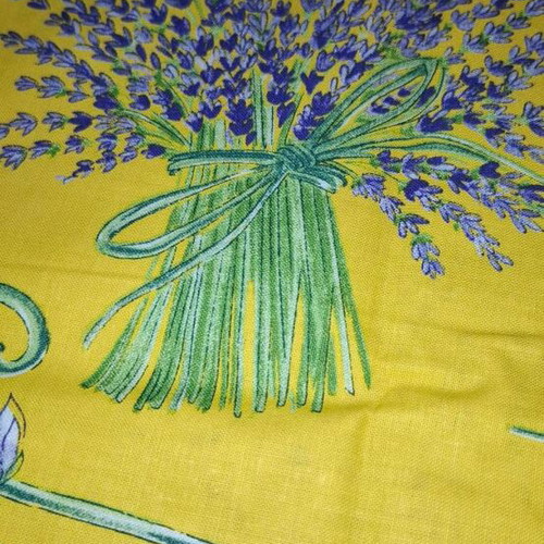 Tablecloth new 1.65x1.65 yellow with lavender bouquets coated cotton