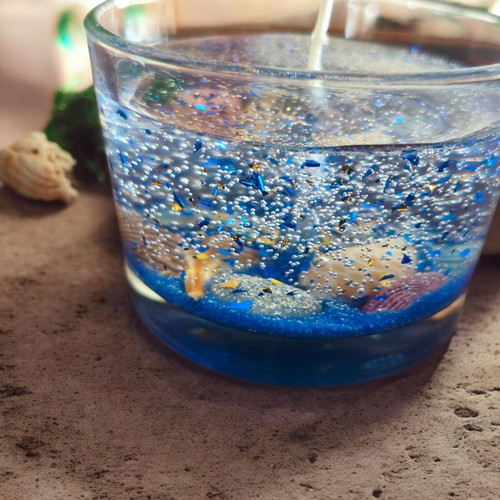 Handmade Gel Candle Sea Bottom with Real Shells and Wood and Salt Scent