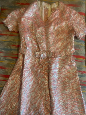 Vintage brocade dress used, silver and pink, size L