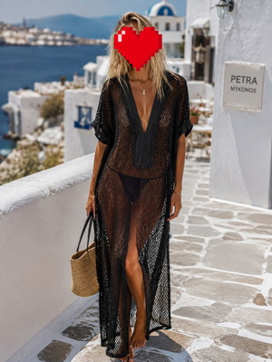Cotton fishnet kaftan "Petra" black, Ancient Kallos