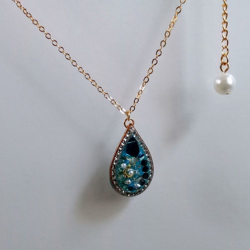 Handmade necklace blue and gold with pearl and rhinestones, new