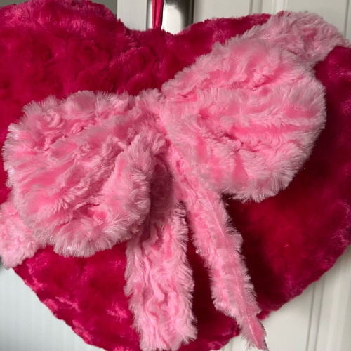 Heart pillow with bow like new, pink fuchsia