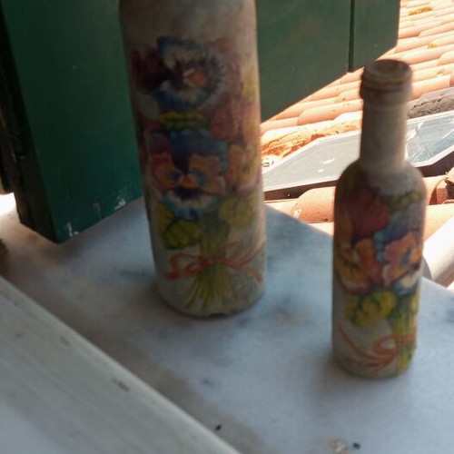Set of 2 Handmade Decorative Bottles with Decoupage and Vintage Flowers