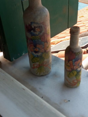 Set of 2 Handmade Decorative Bottles with Decoupage and Vintage Flowers