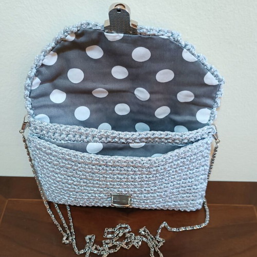 Handmade knitted crossbody bag new, gray with fabric lining