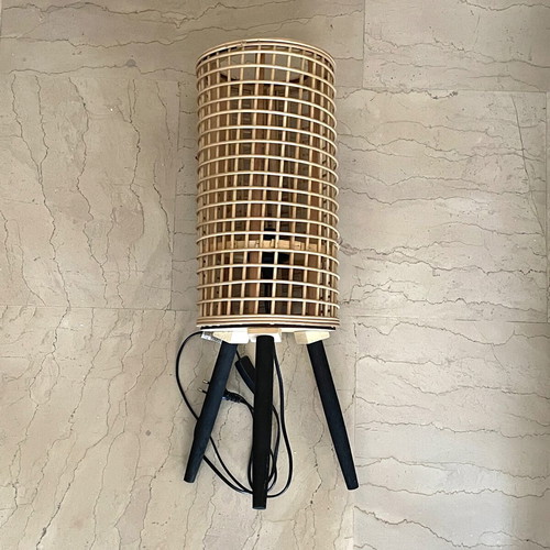 Wooden woven table lamp used, beige with black legs