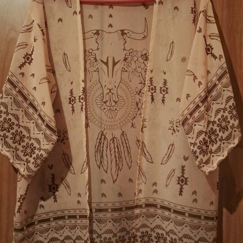 Transparent kimono with wide sleeves and velour leggings like new, beige and brown
